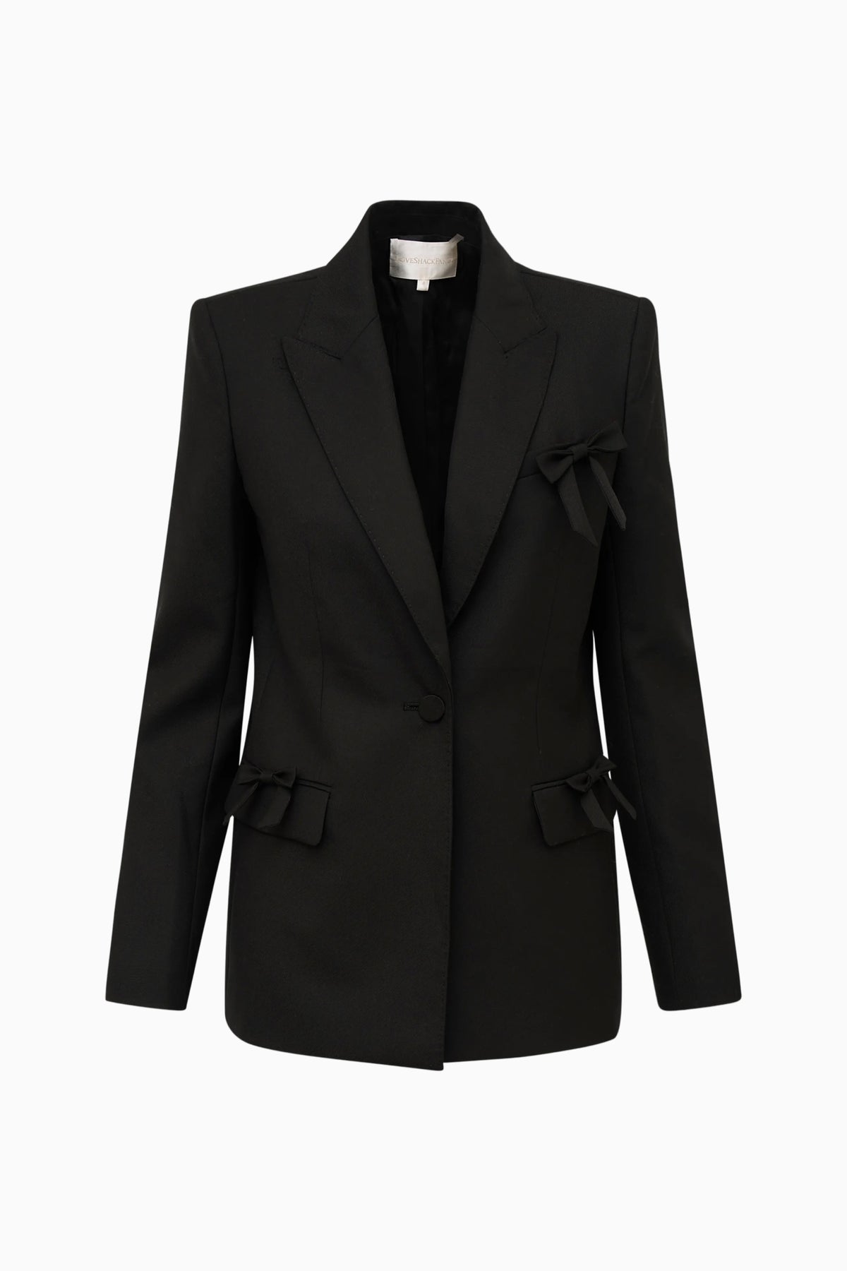 Black wool-blend blazer with notched lapel and bow-trim pocket flaps