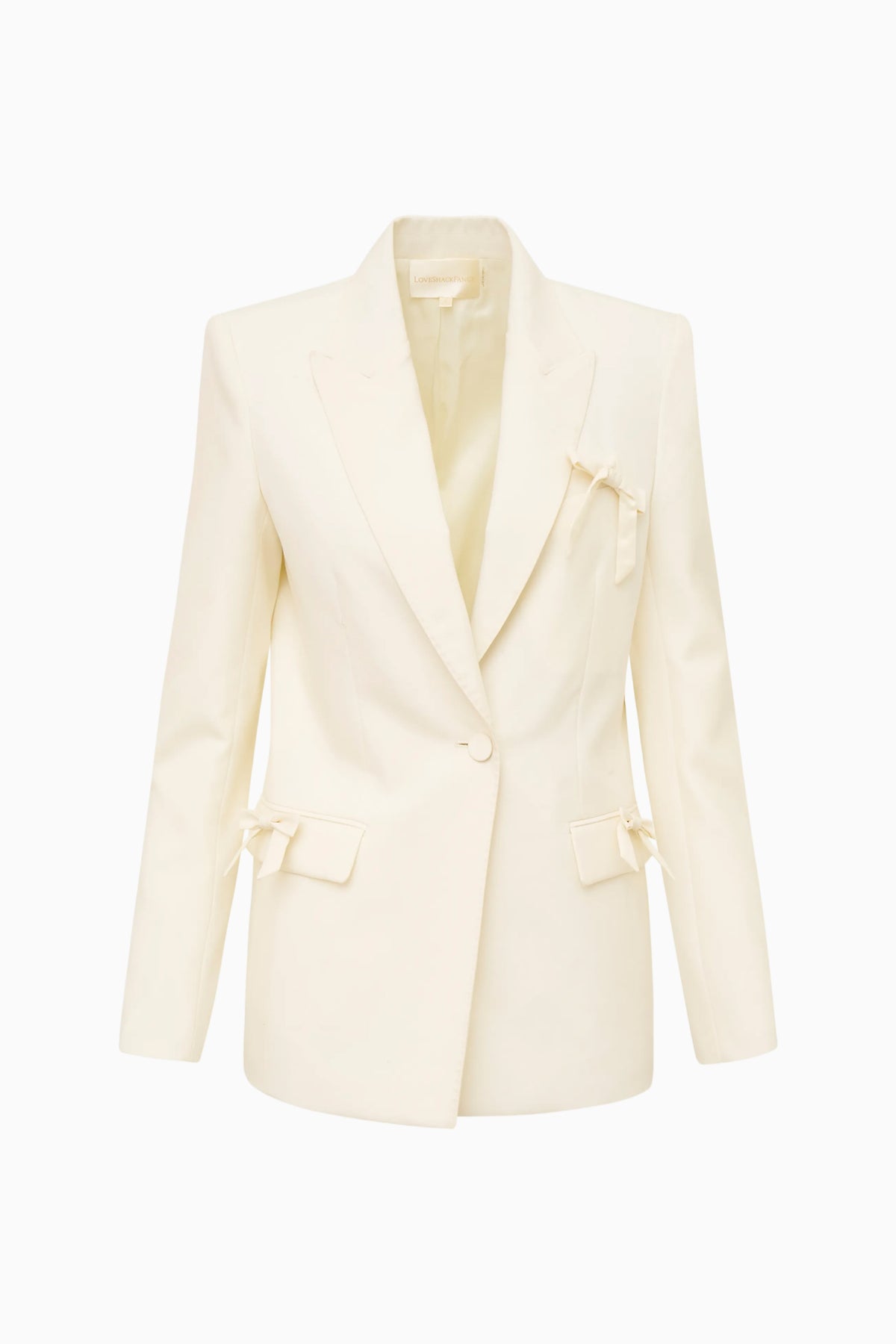 Cream wool-blend blazer with satin bow trim on flap pockets and sleeves, flat lay