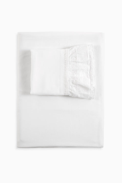 White sheet and pillowcase set with textured pillowcase trim