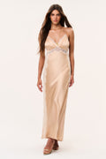 Pale gold silk-blend maxi dress with lace trim and spaghetti straps, V neckline