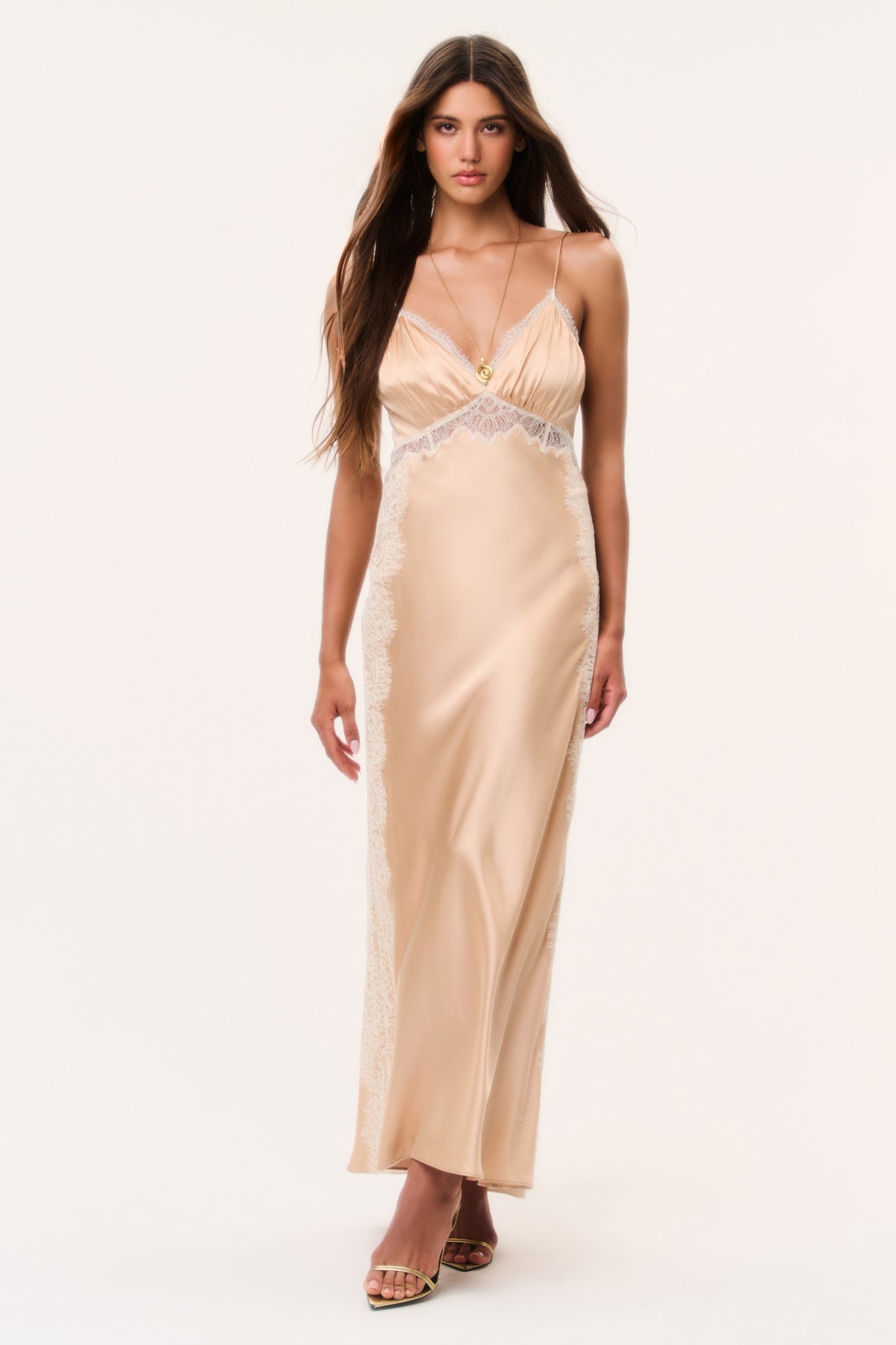Pale gold silk-blend maxi dress with lace trim and spaghetti straps, V neckline