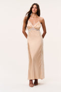 Pale gold silk-blend maxi slip dress with lace bodice and thin spaghetti straps