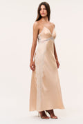 Shia silk-blend maxi dress in pale gold with lace trim and thin spaghetti straps