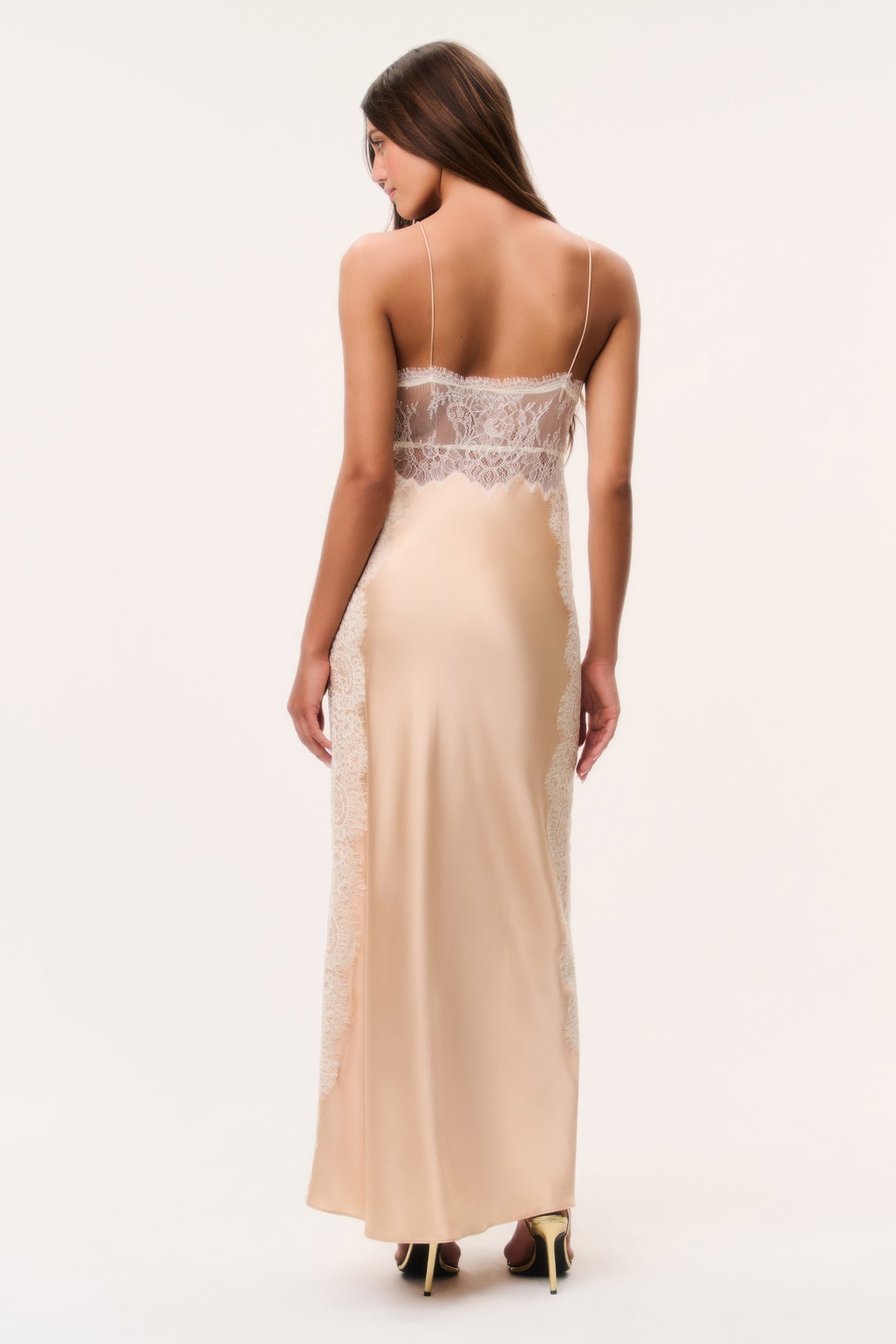 Pale gold silk-blend maxi dress with open back and lace trim