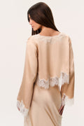 Silk-blend top with lace back yoke and long sleeves in pale gold tone