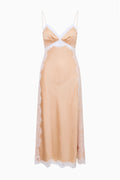Pale gold silk-blend maxi dress with lace hem, V-neck, and spaghetti straps