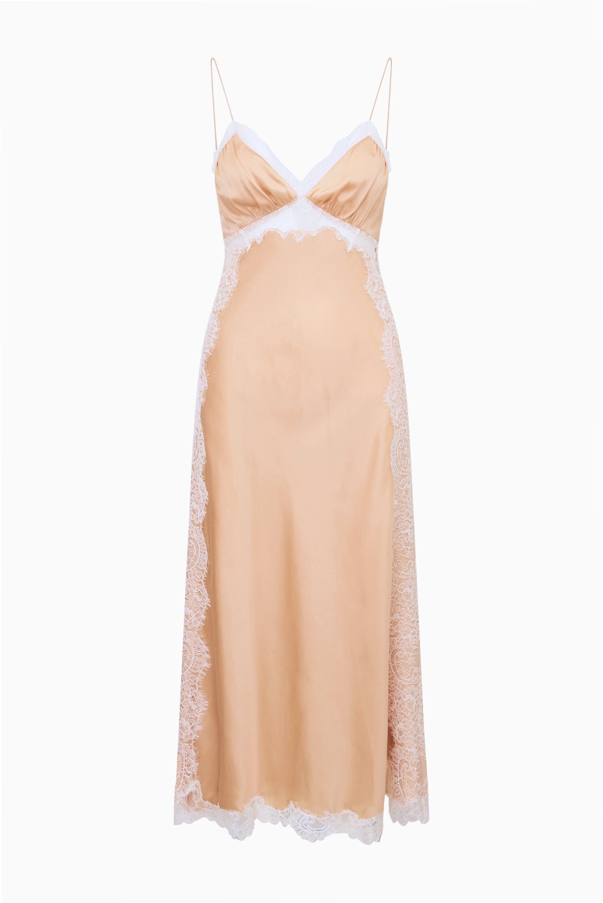 Pale gold silk-blend maxi dress with lace hem, V-neck, and spaghetti straps