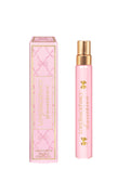 Pink perfume travel spray and rectangular box set with gold cap.