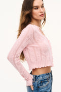 Pink pointelle floral cardigan, V-neck scallop, long sleeves, ribbed waist hem