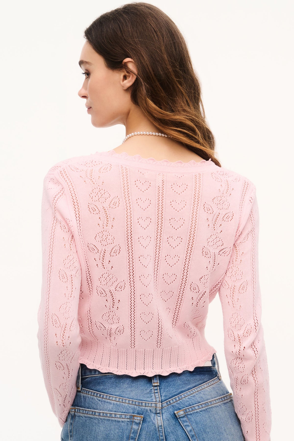 Pink pointelle floral cardigan back view, vertical knit pattern, ribbed hem and cuffs