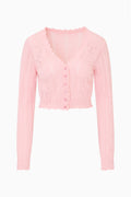 Pink pointelle floral cardigan, button-front, scalloped V neckline, long sleeves
