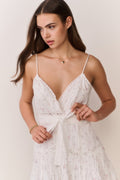 White floral embroidered cotton mini dress with V-neck, lace trim, and waist tie