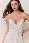 White floral embroidered cotton mini dress with V-neck lace trim and thin straps