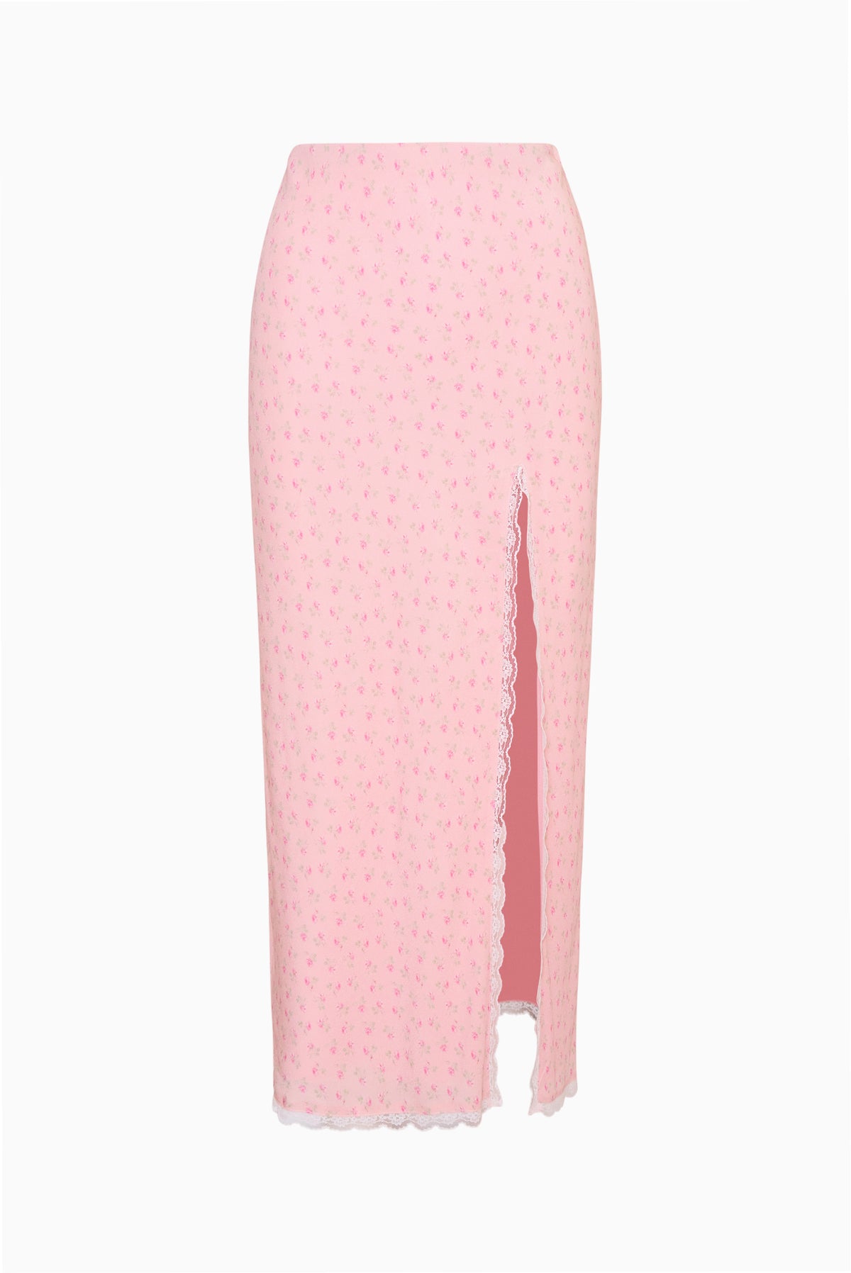 Pink crepe midi skirt with front slit and scalloped hem, tiny print