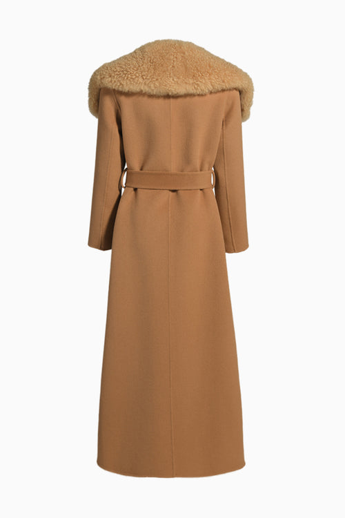 Camel cashmere shearling coat, back view with belted waist and plush collar