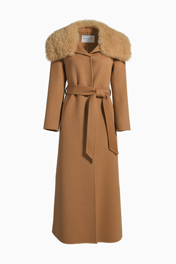 Camel cashmere shearling coat, belted with fluffy collar