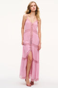 Pink chiffon maxi dress with spaghetti straps, lace trim and thigh-high front slit