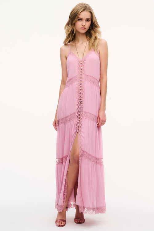 Pink chiffon maxi dress with lace overlay, layered skirt and center button placket