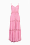 Pink chiffon maxi dress with lace-trim bodice, tiered skirt and button-front detail