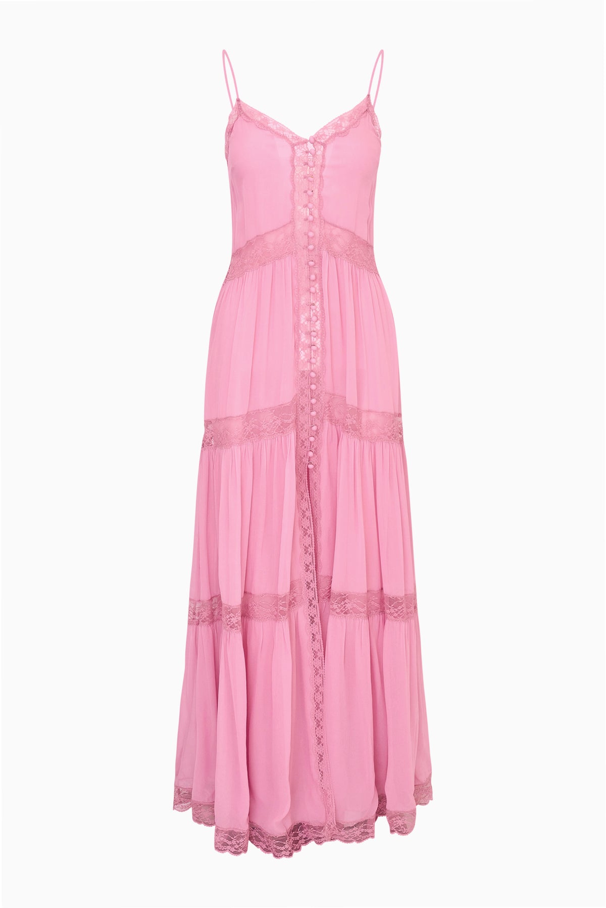 Pink chiffon maxi dress with lace-trim bodice, tiered skirt and button-front detail