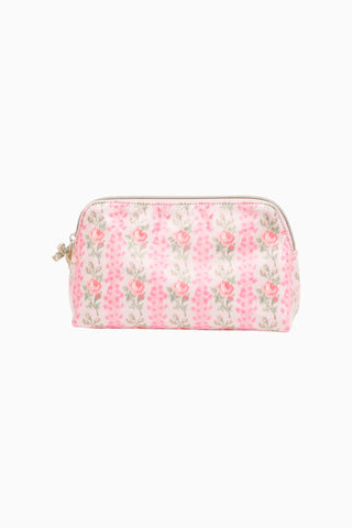 Small travel pouch with pink floral print and gold-tone zippered closure