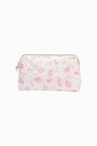 Small travel pouch with pale pink floral print and gold-tone zipper