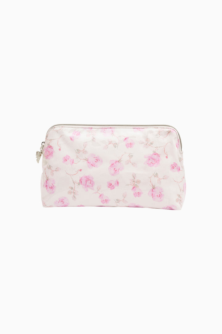 Small travel pouch with pale pink floral print and gold-tone zipper