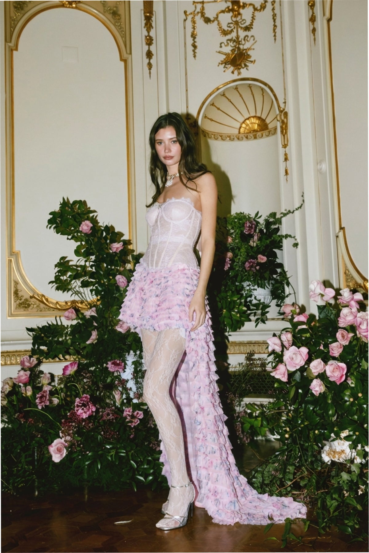 Soft wisteria ruffle high-low skirt with tiered frills and flowing side panels.