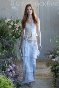 Light blue chiffon maxi skirt with pink rose print, tiered ruffles and layered hem