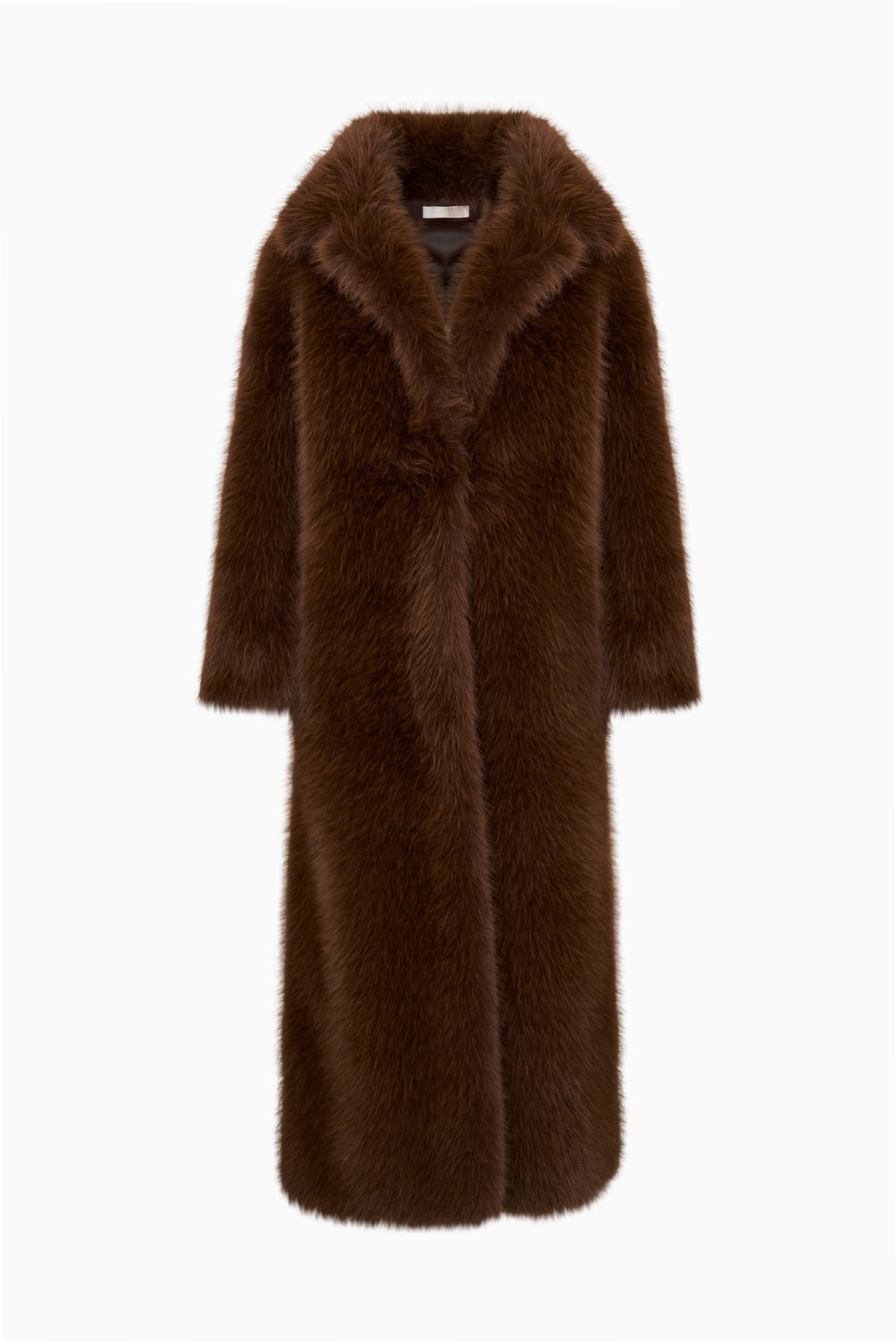 Long dark brown faux fur coat with notched collar and buttoned front