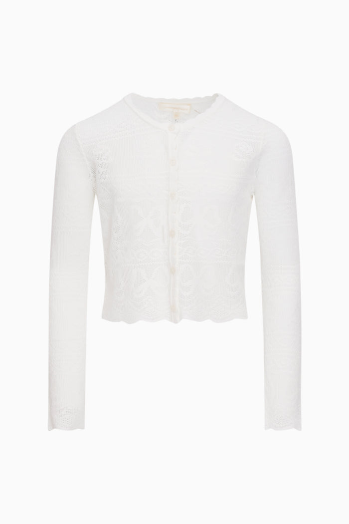 Girls ivory pointelle knit cardigan with button front and long sleeves