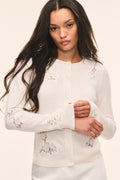Ivory wool lace cardigan with floral embroidery and button front, close-up