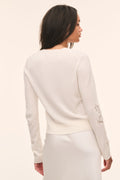 Ivory wool lace cardigan, back view with embroidered cuffs and button front