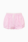 Pink pinstripe bloomer shorts with elastic waist and gathered hem