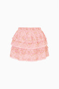 Pink floral tiered ruffle mini skirt with elastic waist