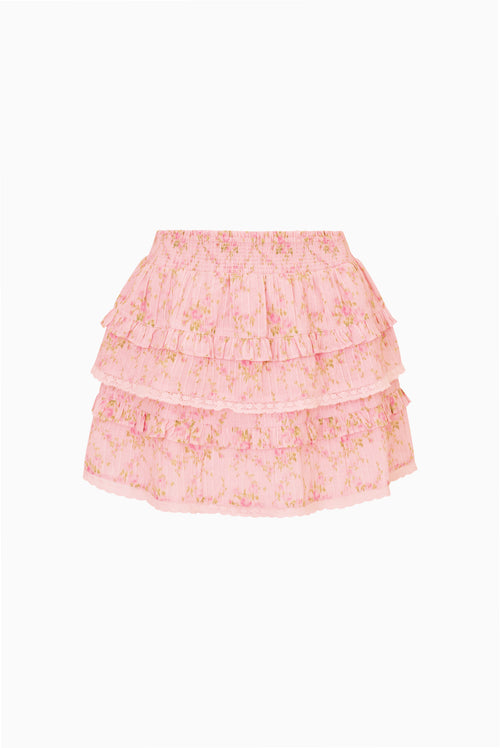 Pink floral tiered ruffle mini skirt with elastic waist