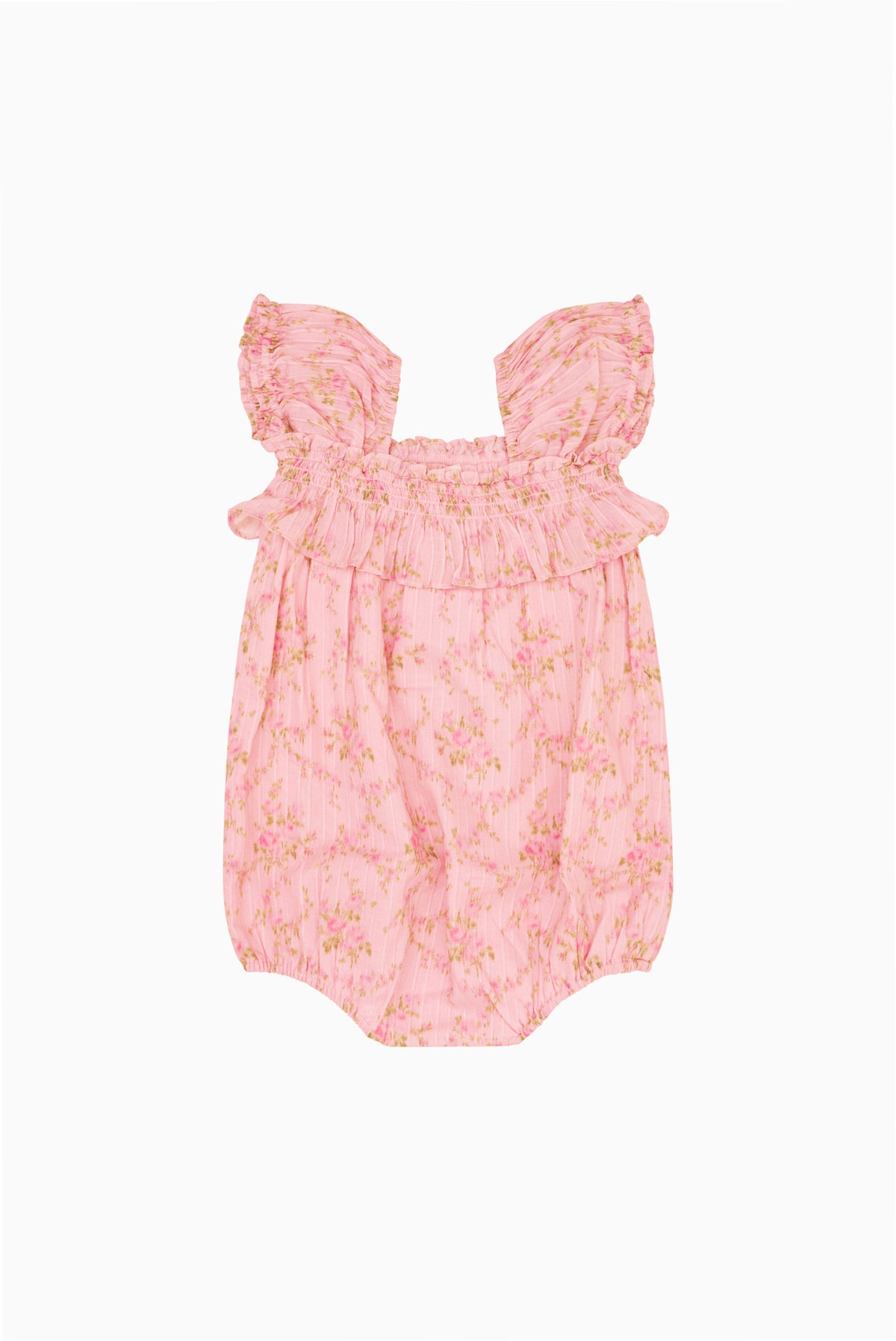 Pink floral baby pinafore with frilled shoulders and gathered skirt front