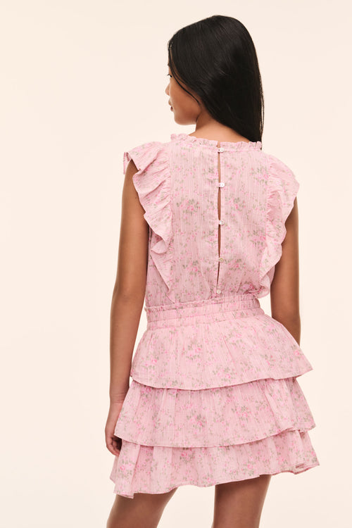 Girls pink floral tiered ruffle dress with back button placket, short flutter sleeves.