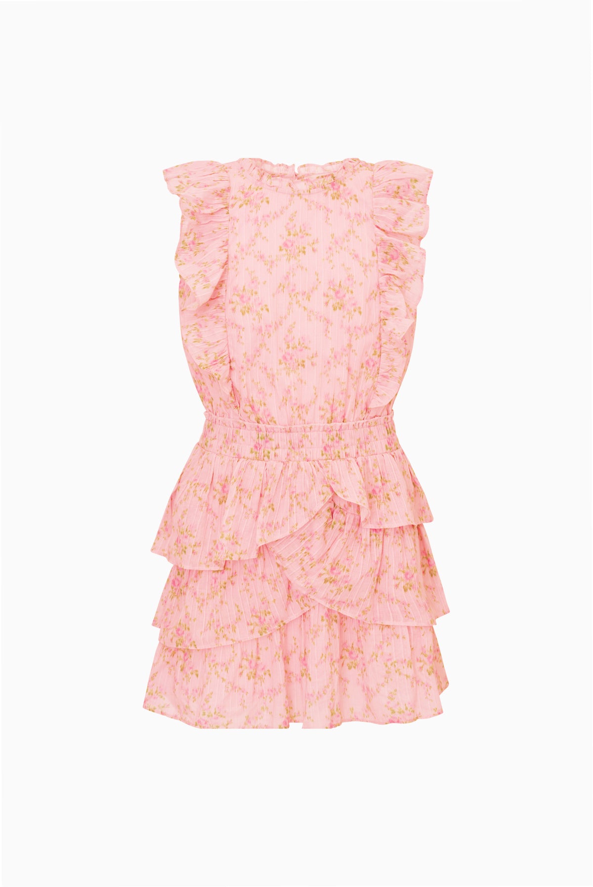 Pink floral tiered ruffle mini dress with short flutter sleeves and gathered waist.
