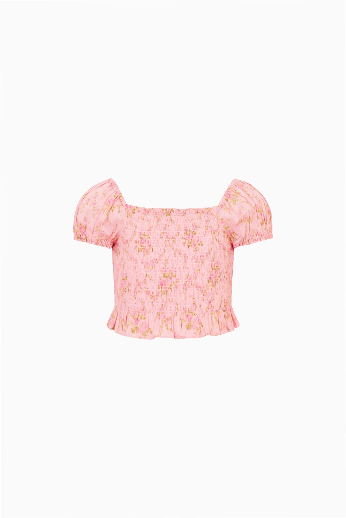 Girls' pink floral ruffle top with short puff sleeves and square neckline