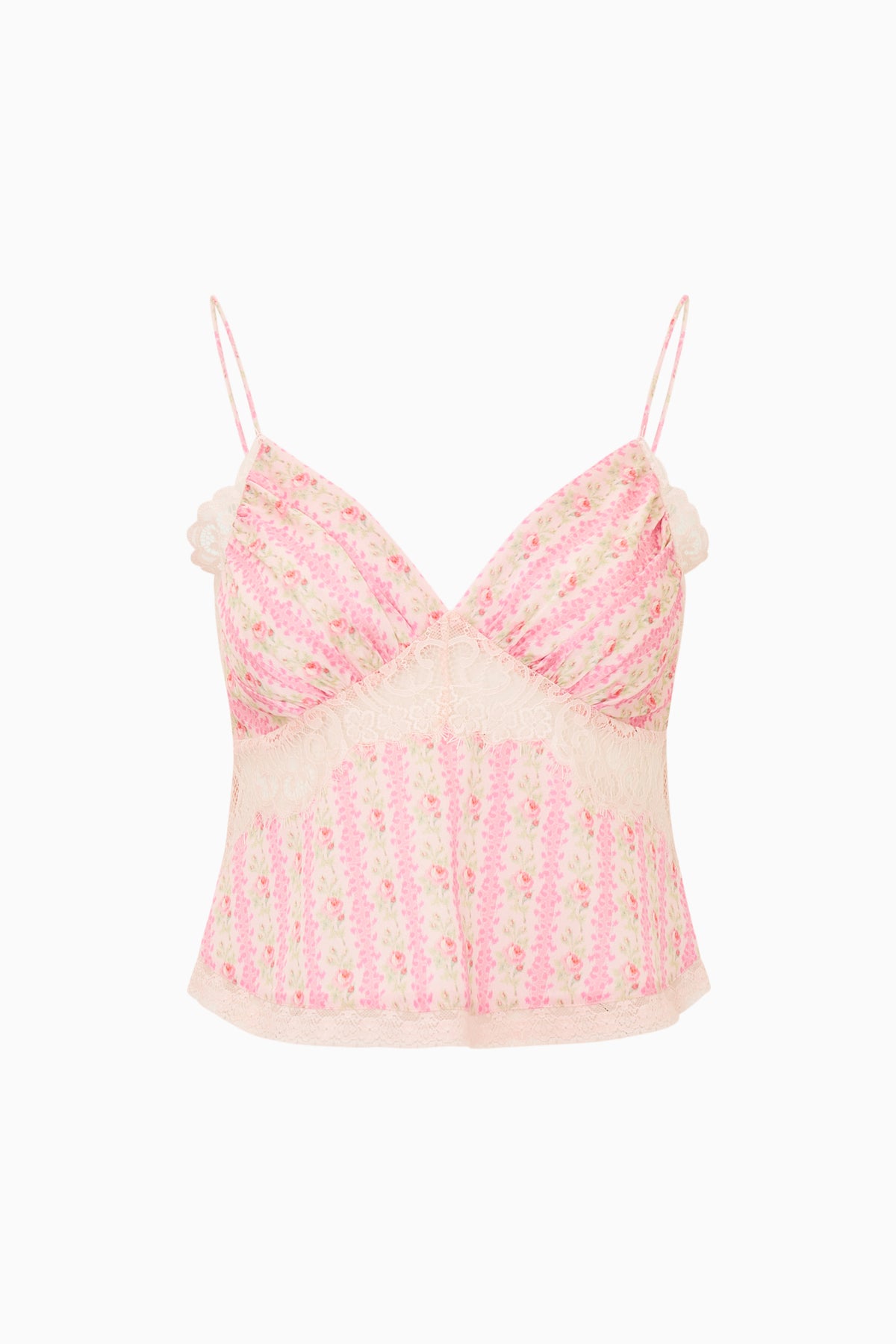 Pink floral lace cami with underbust lace detail and thin spaghetti straps