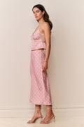 Pink printed midi skirt with straight silhouette and ankle-length hem