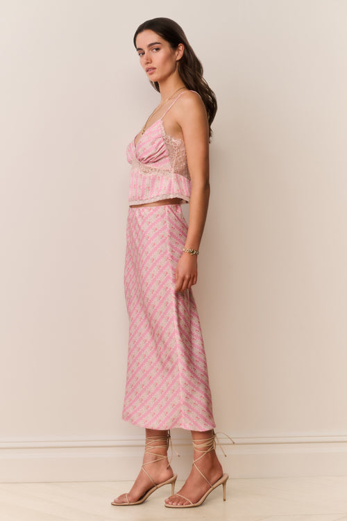 Pink printed midi skirt with straight silhouette and ankle-length hem