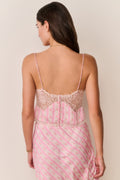 Backless pink floral cami with lace panel and spaghetti back straps
