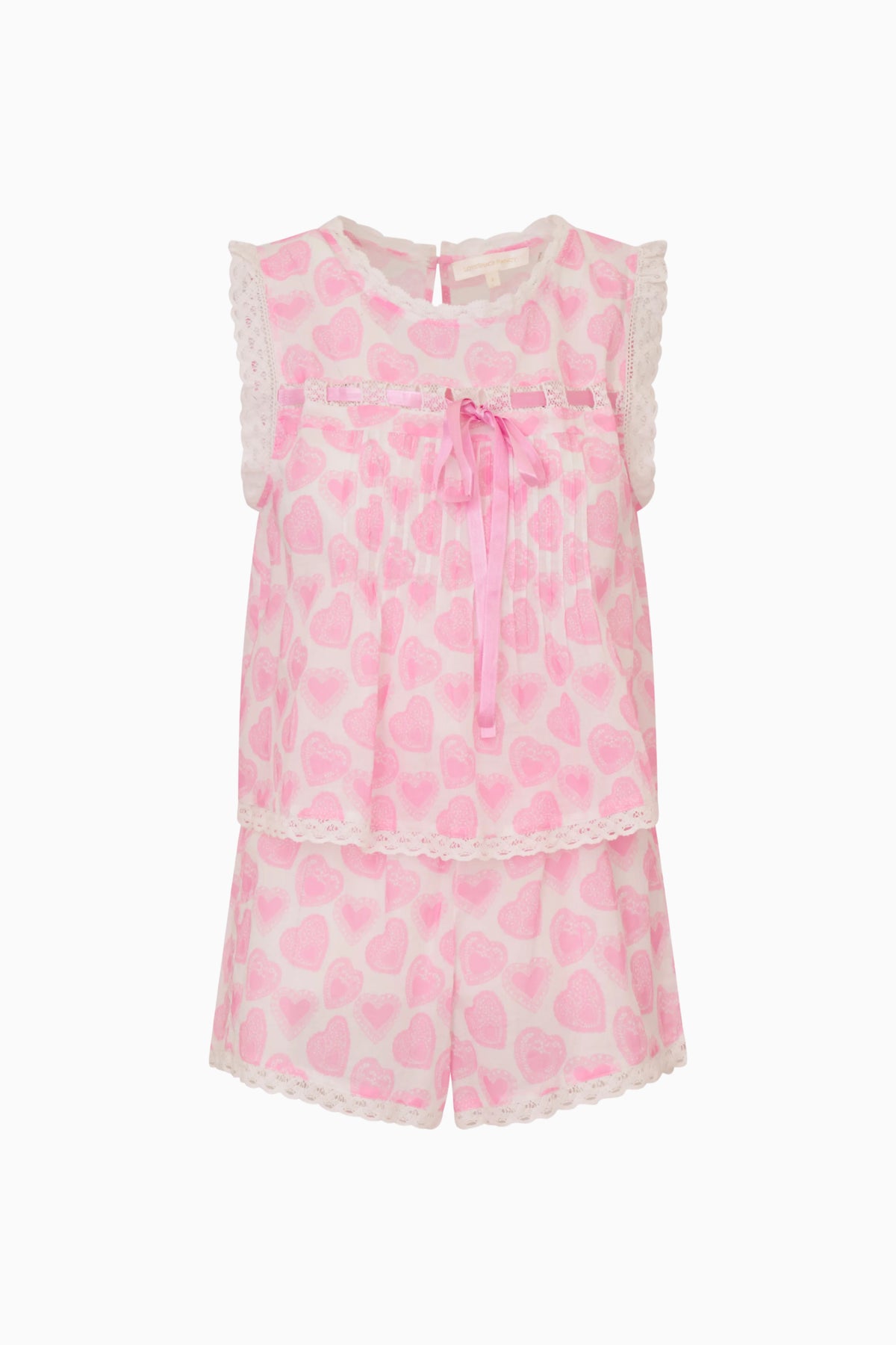 Pink heart-print sleeveless pajama set with ruffled trim and matching shorts