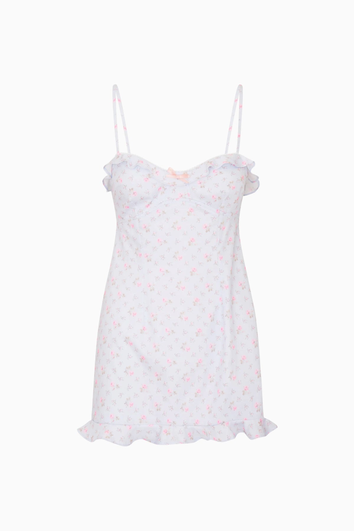 Floral cotton mini dress with spaghetti straps and ruffled neckline trim