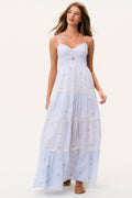 Tiered cotton maxi dress with thin straps and pinstripe texture in sky mist