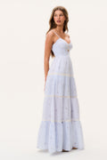 Sky mist cotton maxi dress with tiered skirt and V-neck spaghetti straps