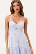 Sky mist cotton maxi dress, V-neck bodice with buttons, tiered skirt