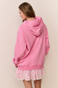 Pink fleece hoodie back with hood drawstrings and kangaroo pocket